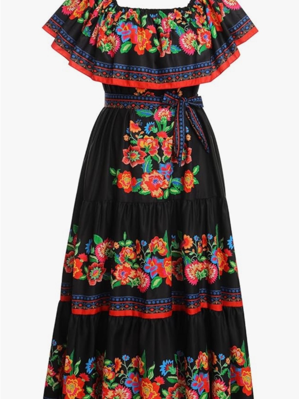 Off-Shoulder Black Floral Maxi Dress with Belt